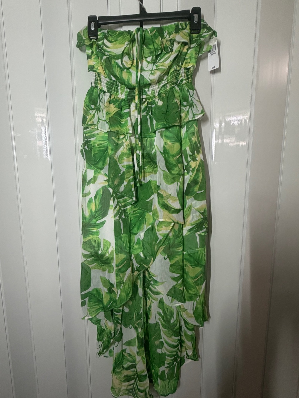 BCX Green Leaf Print Strapless Ruffle Maxi Dress